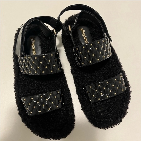 NWOT JEFFREY CAMPBELL Ardeman Sandal Black Sherpa Slide Quilted Gold Detail (7) - Picture 3 of 5